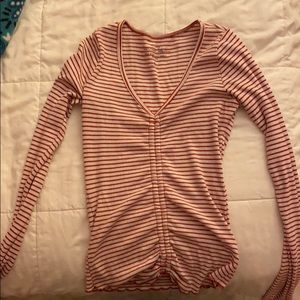 Hollister Red and White Longsleeve V- Neck (XS)
